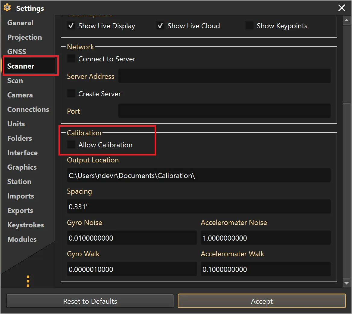The calibration settings with Allow Calibration enabled