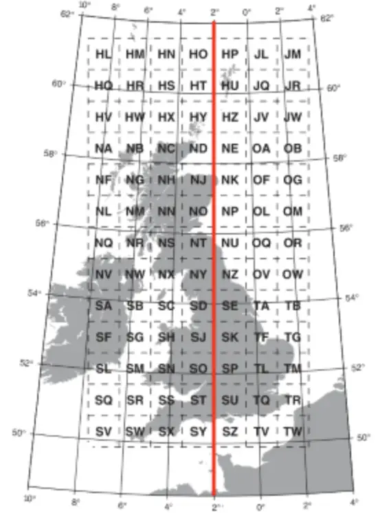 A map grid with vertical lines defining grid north