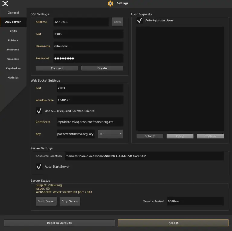 OWL server administration dashboard