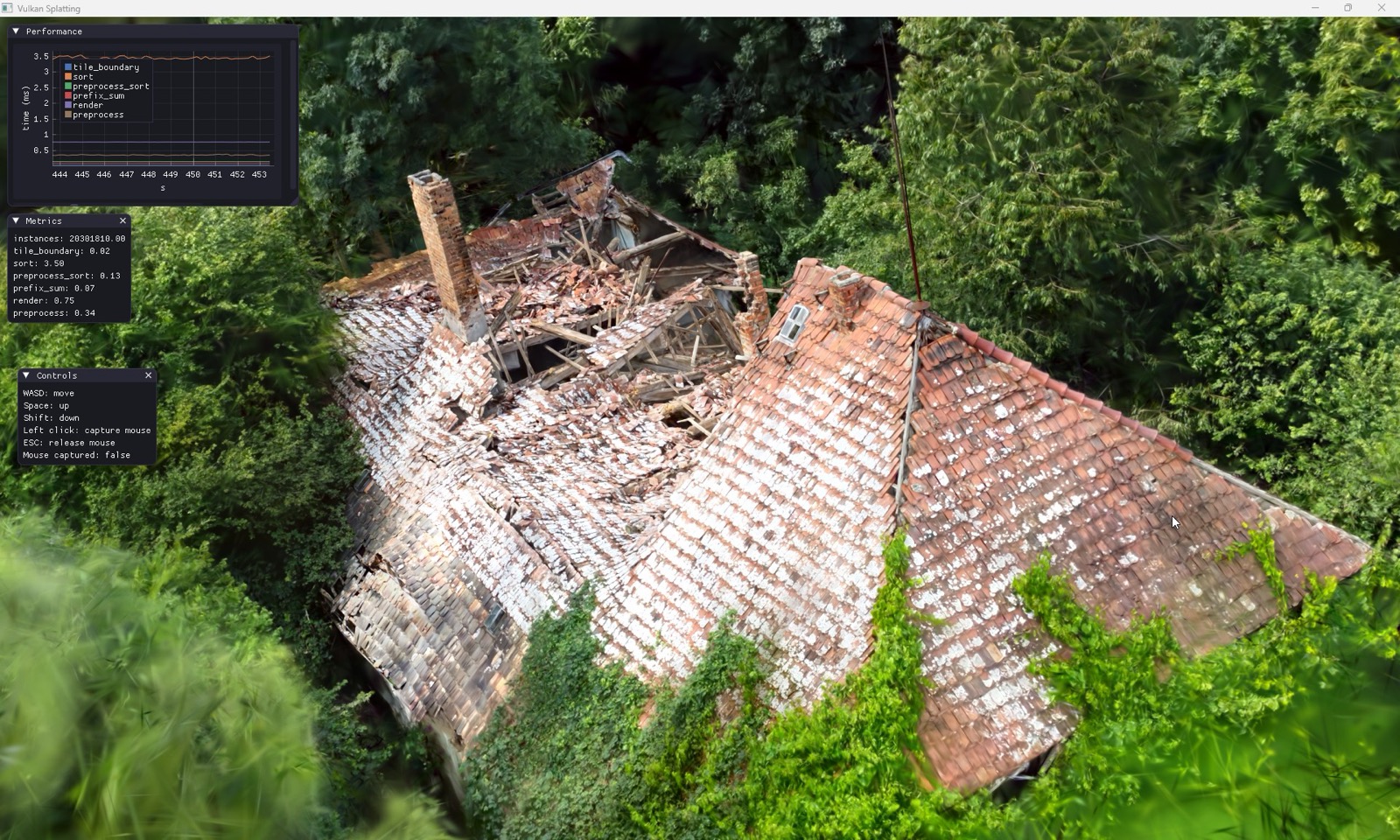A photorealistic 3D Gaussian splatting reconstruction of a collapsed building captured from drone footage