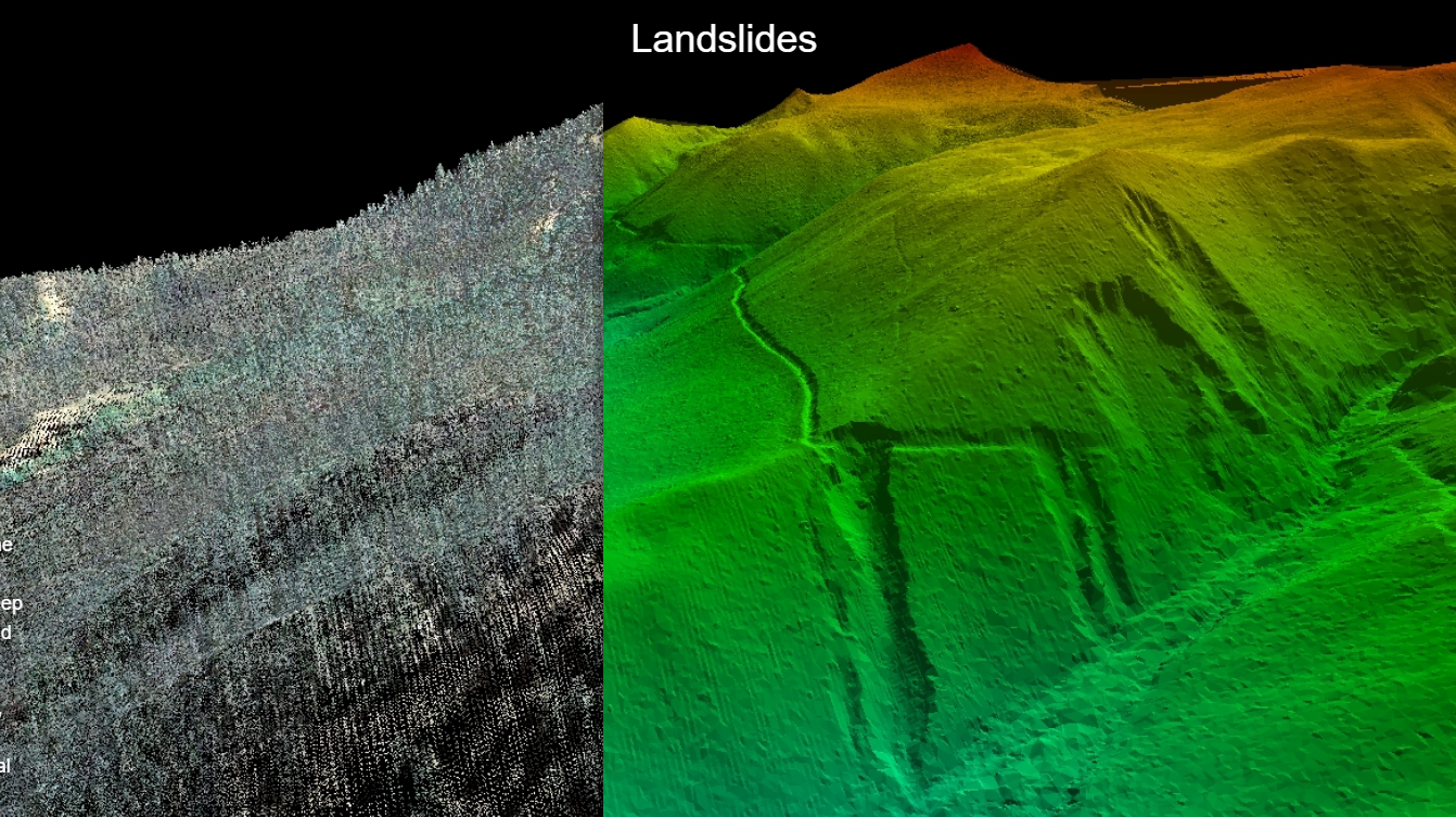 Left: raw LiDAR point cloud with vegetation. Right: the processed bare-earth digital elevation model revealing the ground surface.