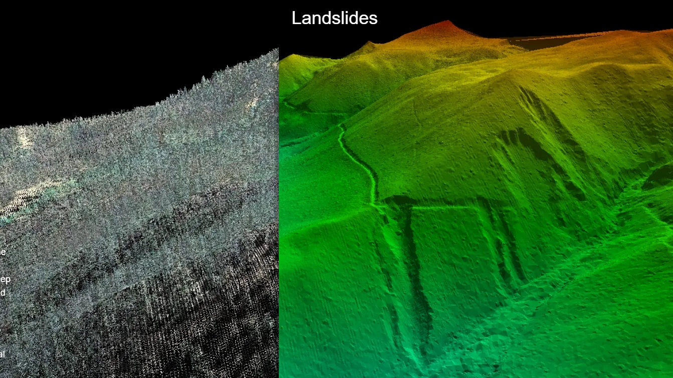 Left: a raw point cloud with vegetation. Right: the bare-earth surface extracted from the ground points.