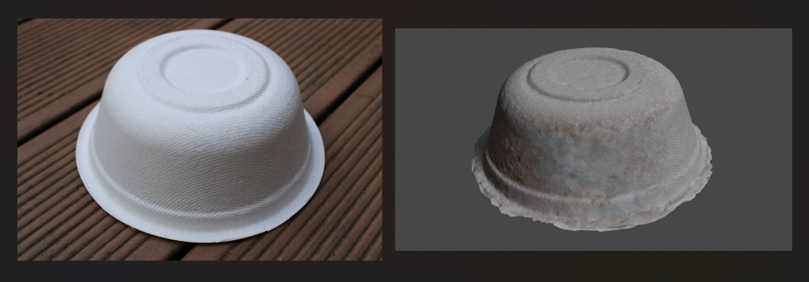 A real seashell next to its photogrammetric 3D mesh reconstruction