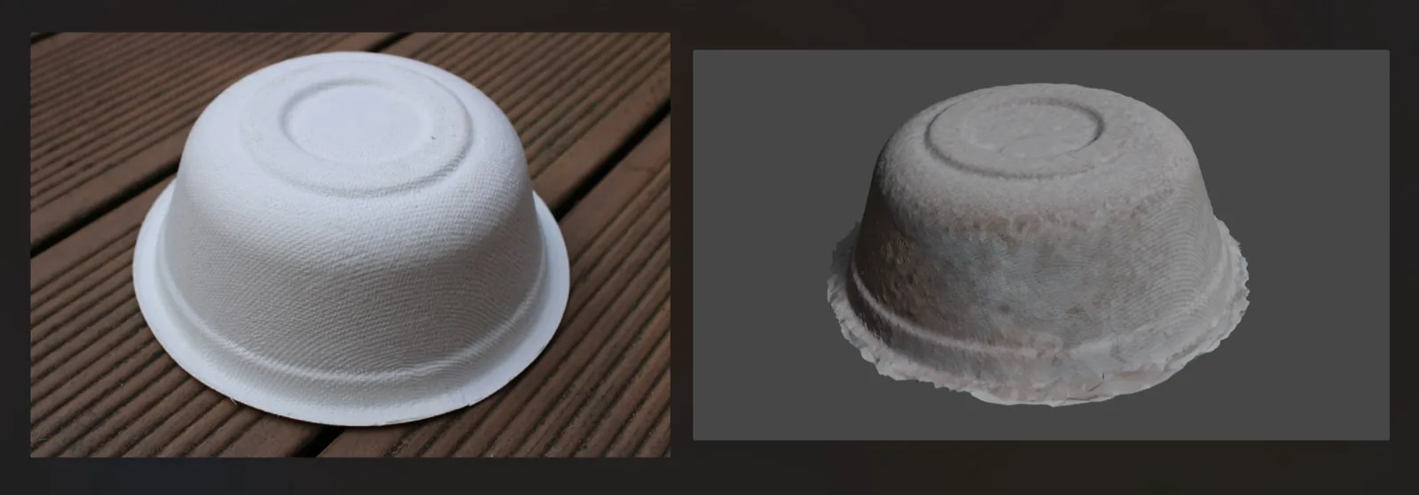 Left: a real seashell. Right: a smooth watertight 3D mesh reconstructed from a scan of it.