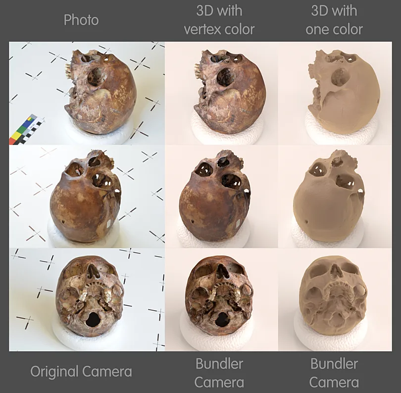 A subject, its textured 3D reconstruction, and the underlying shaded triangle mesh