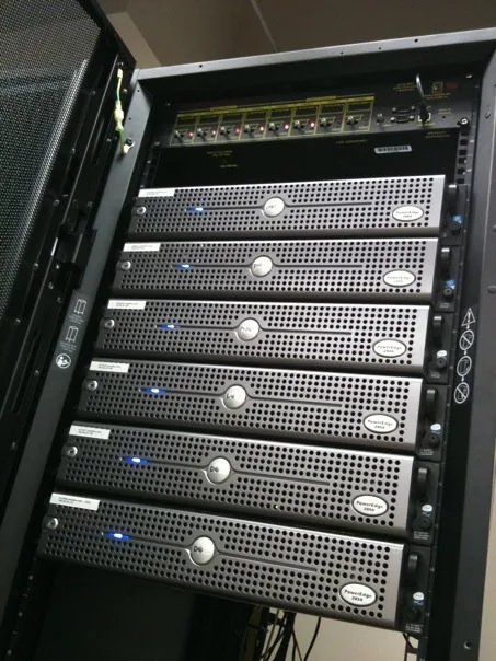 A rack of computer servers inside a data center