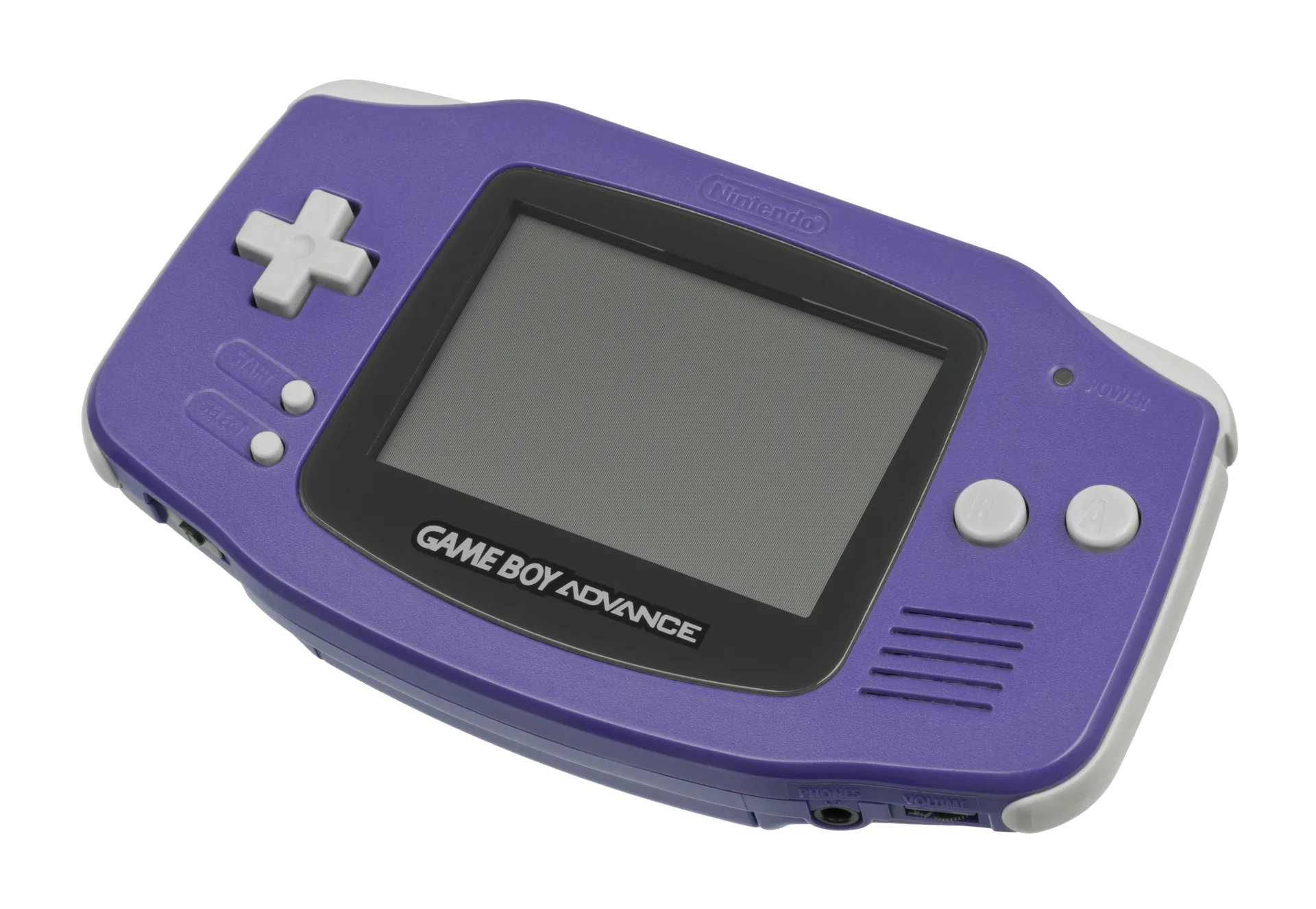A purple Nintendo Game Boy Advance handheld