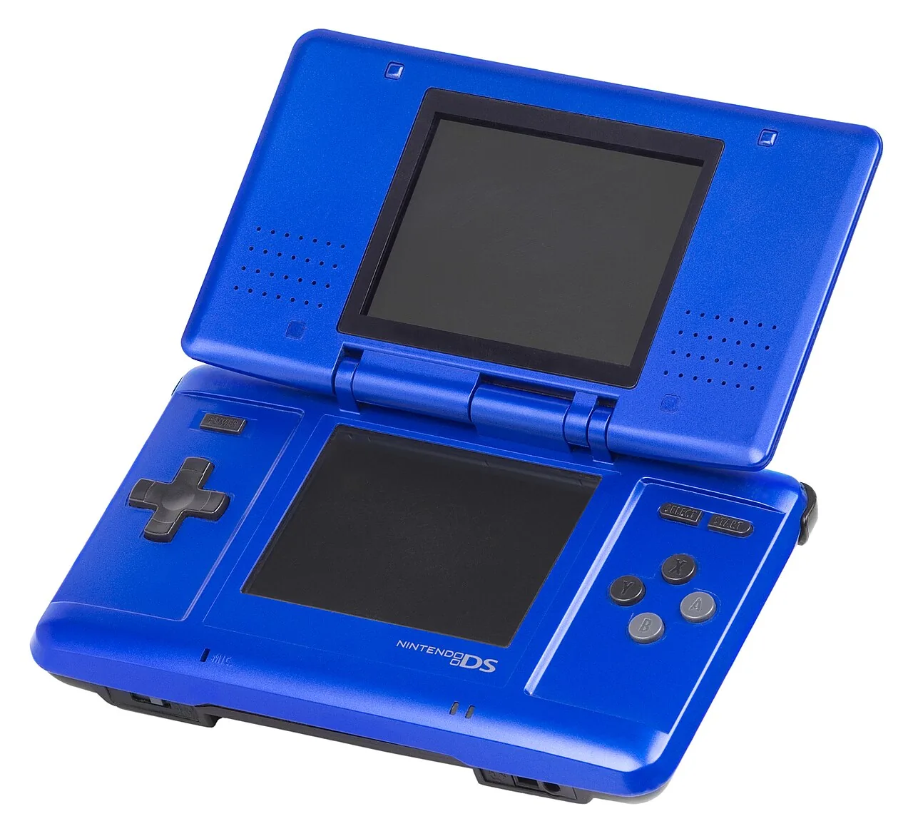 An original Nintendo DS handheld, open, in blue