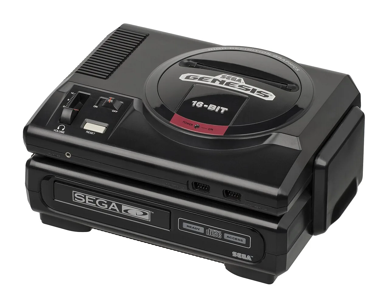 A Sega CD (Model 1) attached beneath a Sega Genesis