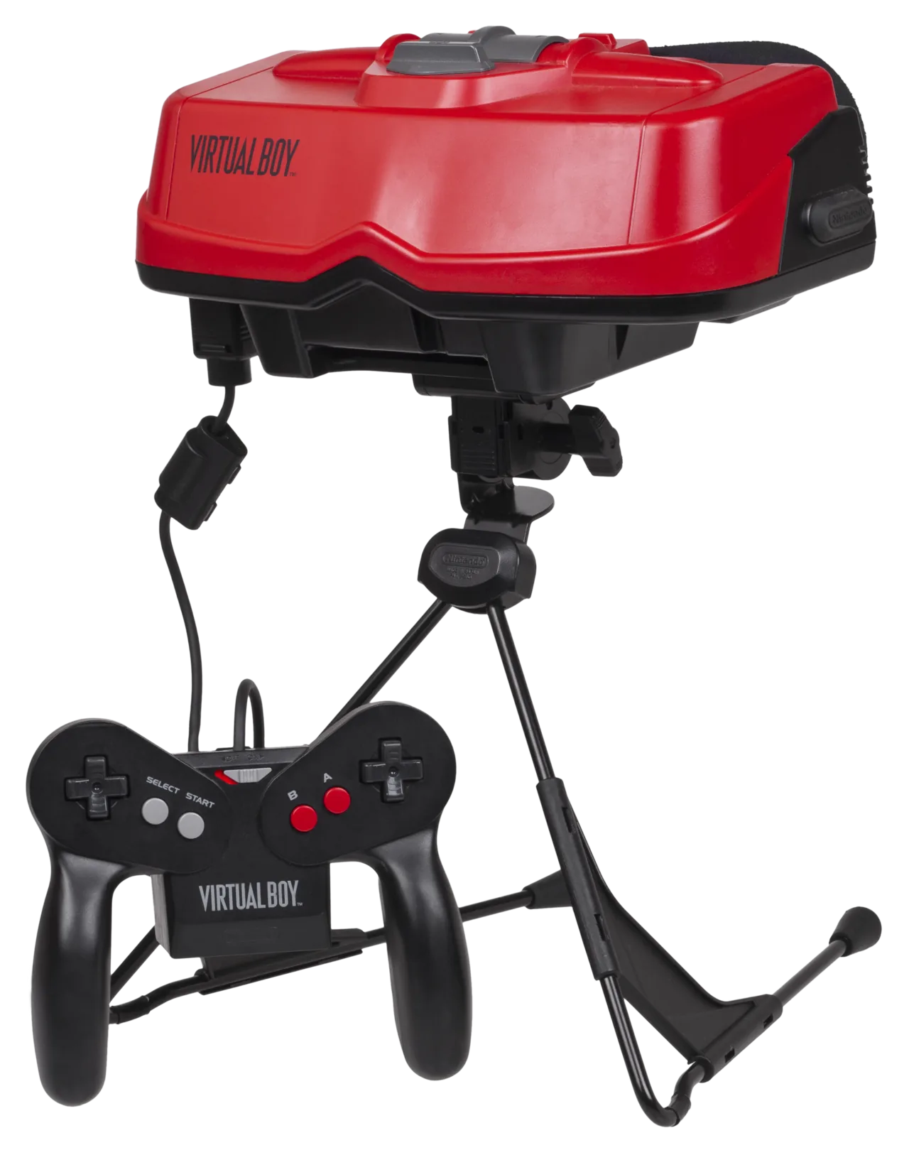 A Nintendo Virtual Boy on its stand with controller